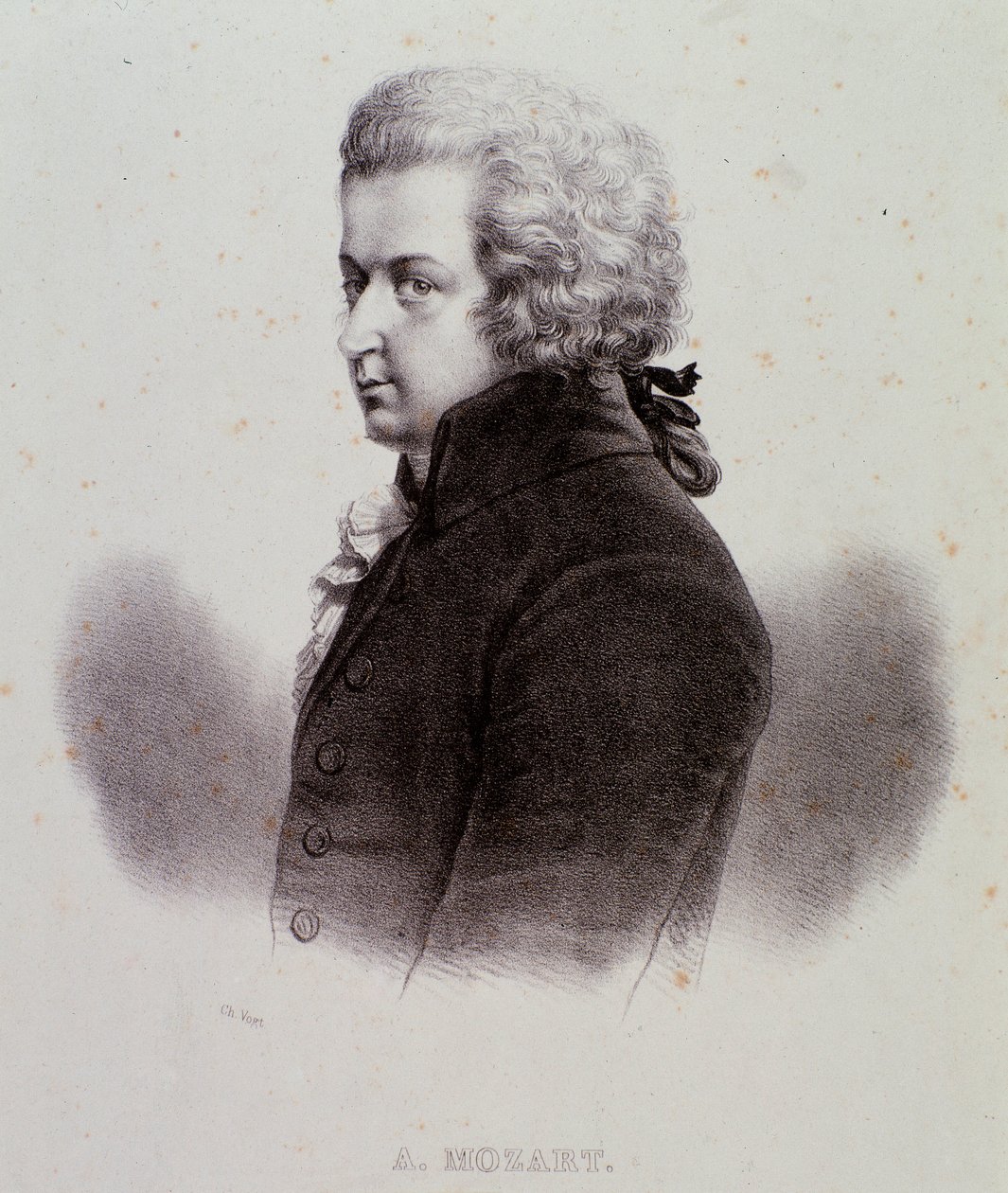 オーストリアの作曲家ヴォルフガング・アマデウス・モーツァルト（1756-1791）の肖像 エングレーヴィング。19世紀ミラノの個人コレクション 作： 匿名匿名
