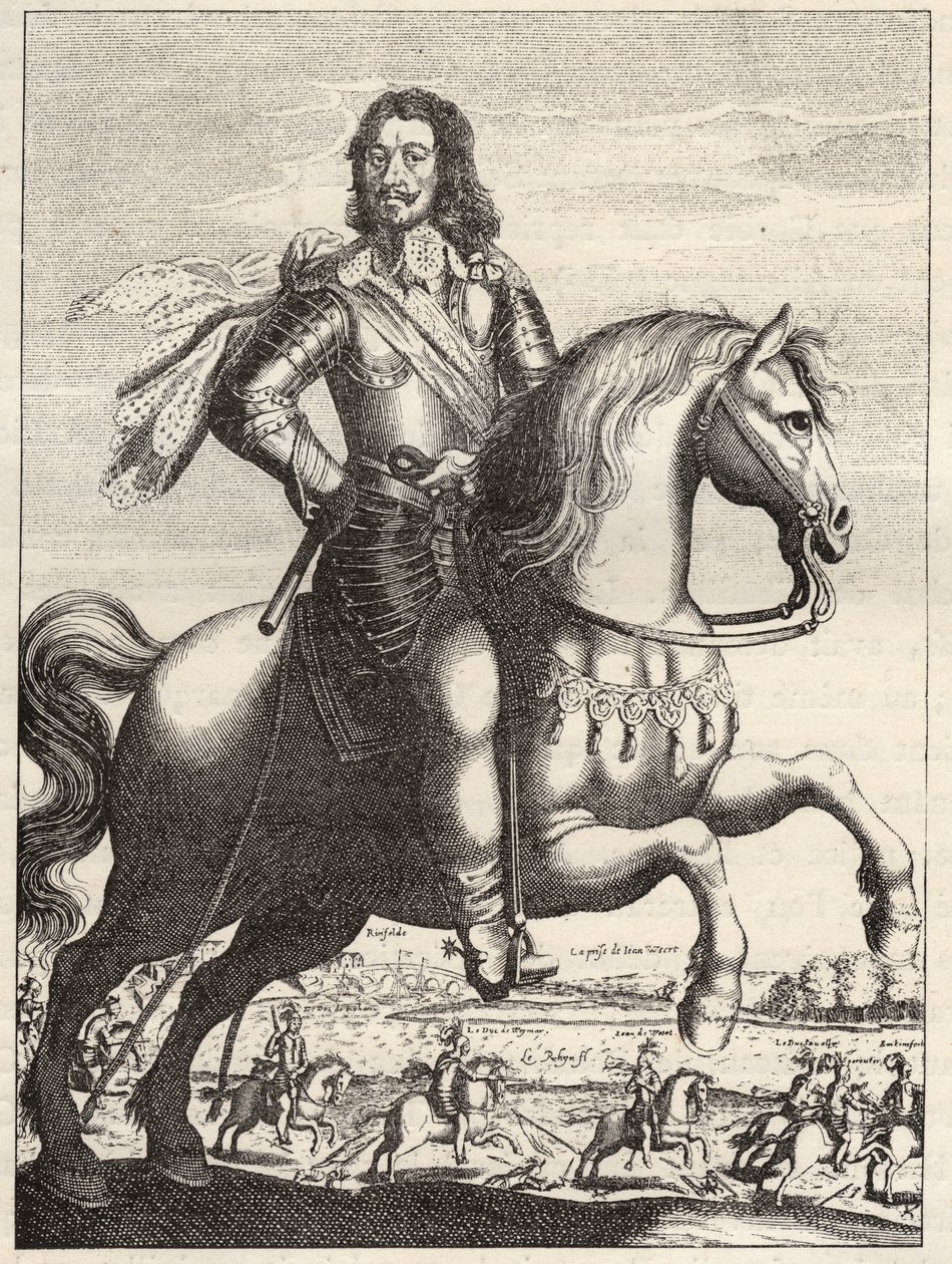 ベルナール・オブ・ザクセン・ワイマール（Saxony-Weimar）（1604-1639）の肖像で、ベルナール公とローハン公によるヴェルトのジョンの捕獲の表現。17世紀のエングレーヴィング。個人蔵。 作： 匿名匿名