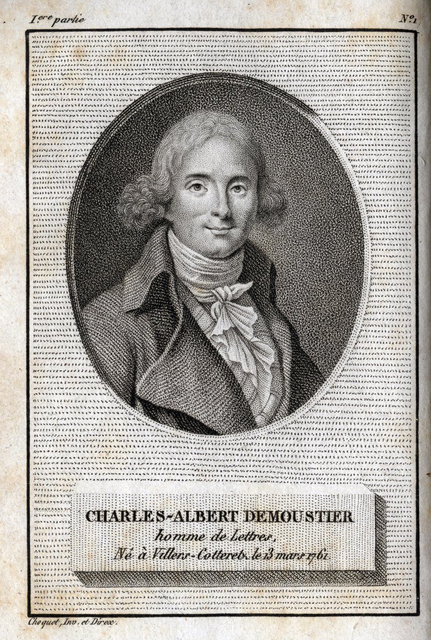 Charles Albert Demoustier (1760-1801) フランスの作家の肖像。Charles Albert Demoustier (1760-1801)の「Lettres a Emilie sur la mythologie」に掲載されている1819年の版画。個人蔵。 作： 匿名匿名