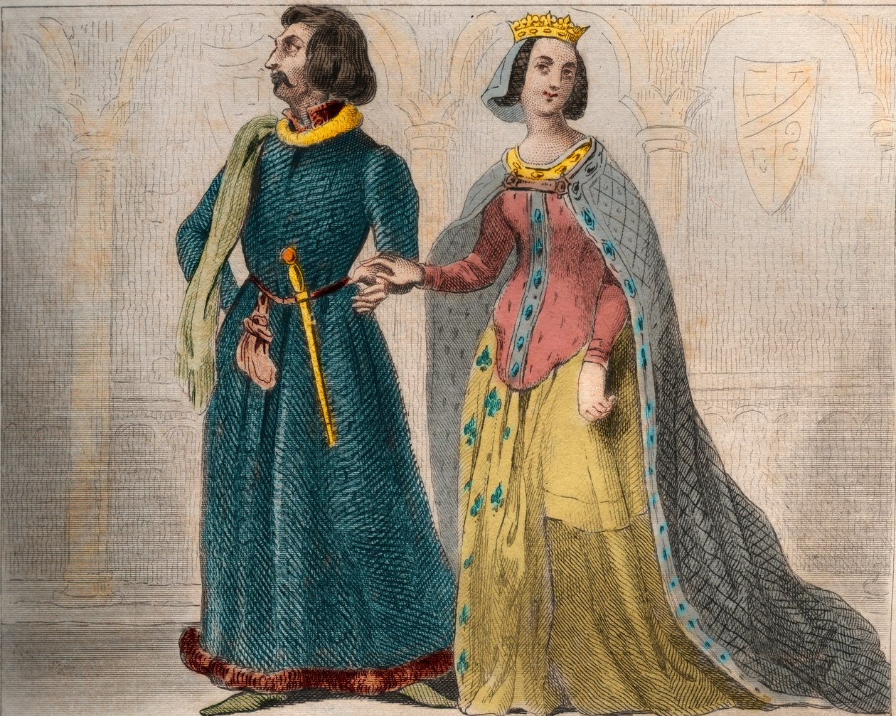 フランス王妃シャルロット・ド・サヴォア（1441-1483）の肖像と、慎重派として知られるフランス王ルイ11世（1423-1483）。1859年に出版された「Le Monde」に掲載された版画。M. E. de Lostalot-Bachoueによる「最も遠い時代から現代までの全民族の歴史」に掲載された1859年の版画。 作： 匿名匿名