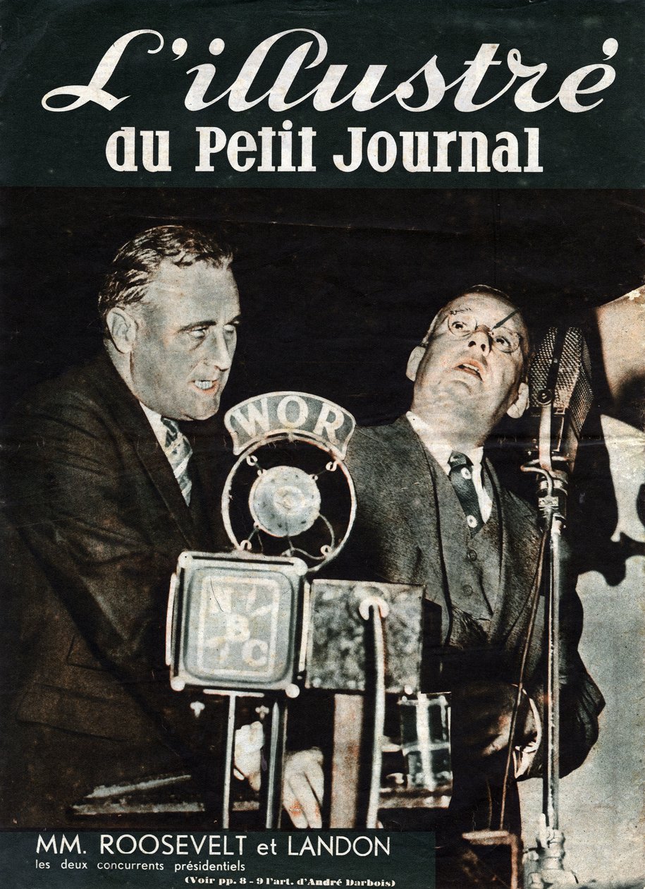 フランクリン・デラノ・ルーズベルト（1882-1945）とアルフレッド・モスマン・ランドン（1887-1987）、二人のアメリカ大統領候補の肖像。"L