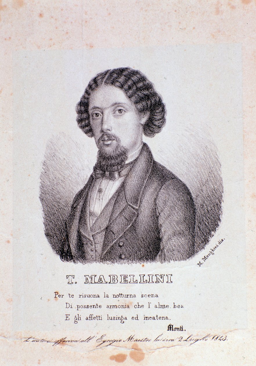 イタリアの作曲家テオデューロ・マベリーニ（1817-1897）の肖像 エングレーヴィング。1843.ミラノの個人コレクション 作： 匿名匿名