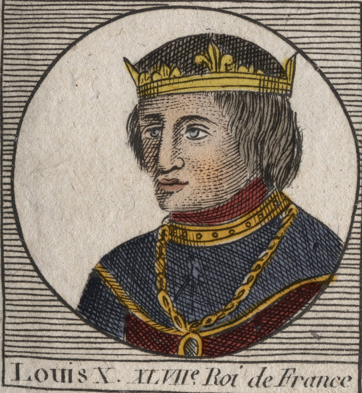 フランス王ルイ10世le Hutin (1289 - 1316)の肖像 - フランスとナバラの王、頑固者ルイ10世 (1289 - 1316) - シャルル・コンスタン・ル・テリエ1821年の「フランス史に関する教本」からの彫刻。 作： 匿名匿名