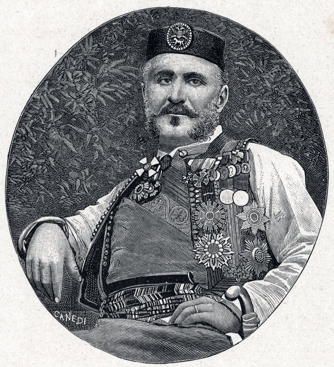 モンテネグロとベルダの王子、モンテネグロのニコラ1世（Nikola I Petrovic-Njegos）(Petrovic Njegos)(1841-1921)の肖像。Louis-Eugene (Louis Eugene) Louvetによる「Les Missions Catholiques au XIXeme Siecle」に掲載されたエングレーヴィング。個人蔵。 作： 匿名匿名