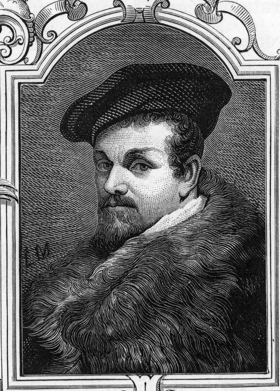 イタリアの画家、ピエール・フランチェスコ・マズッケーリ（1573-1626）の肖像。1859年、アルマンドーの「ヨーロッパの画廊-イタリア」に掲載された版画。個人蔵。 作： 匿名匿名
