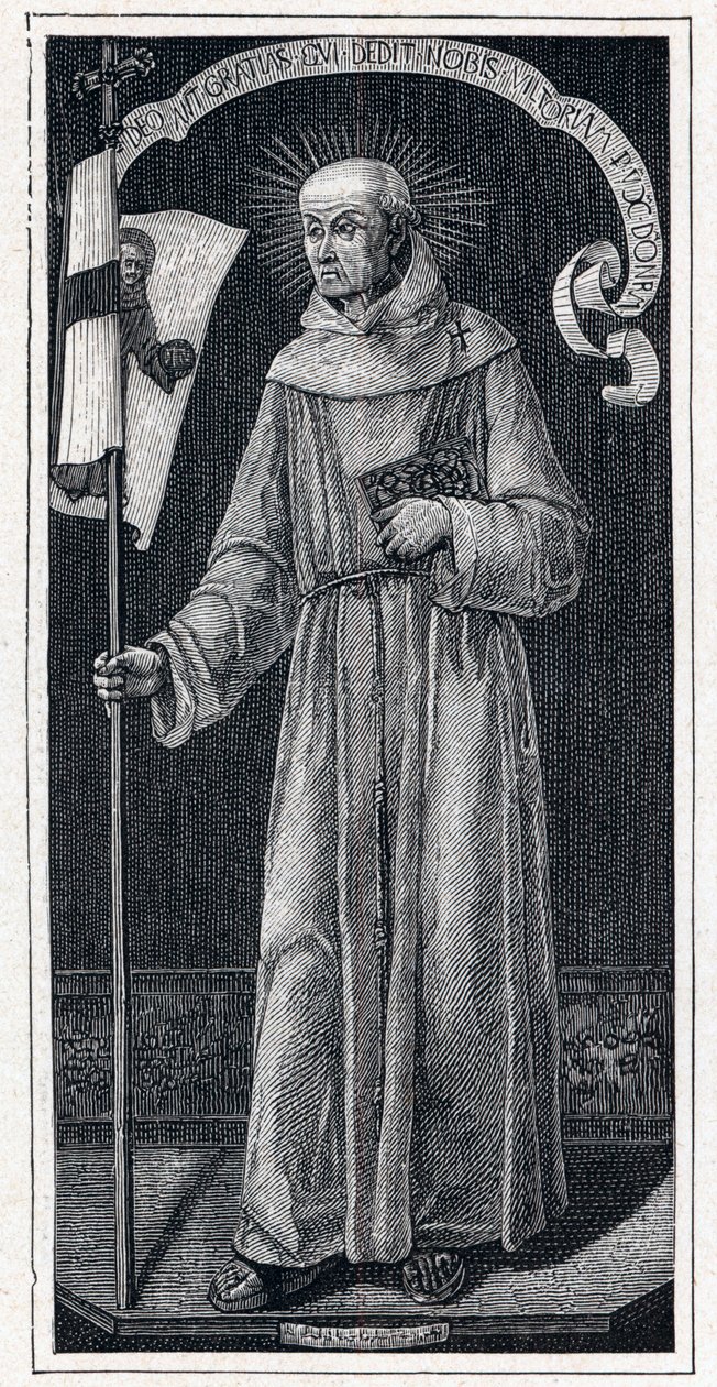 イタリアのフランシスコ会士、カピストランの聖ヨハネ（Giovanni da Capestrano）（1386-1456）の肖像。15世紀に描かれたバルトロメオ・ヴィヴァリーニの作品より。Louis-Eugene (Louis Eugene) Louvetによる「Les Missions Catholiques au XIXeme Siecle」に掲載された版画。 作： 匿名匿名