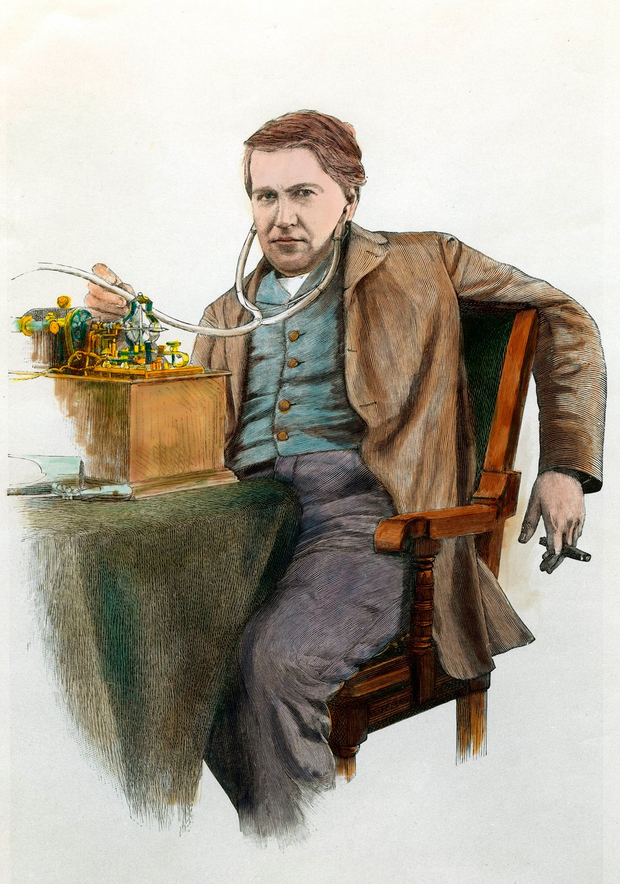 アメリカの物理学者トーマス・エジソン（1847-1931）の肖像。1900年頃のエングレーヴィング。個人蔵 作： 匿名匿名