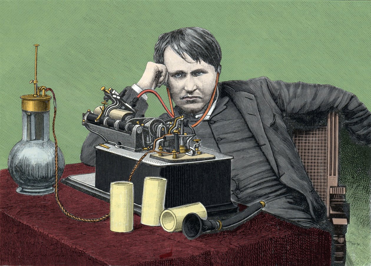 アメリカの物理学者トーマス・エジソン（1847-1931）と蓄音機の肖像。1900年頃のエングレーヴィング。 作： 匿名匿名
