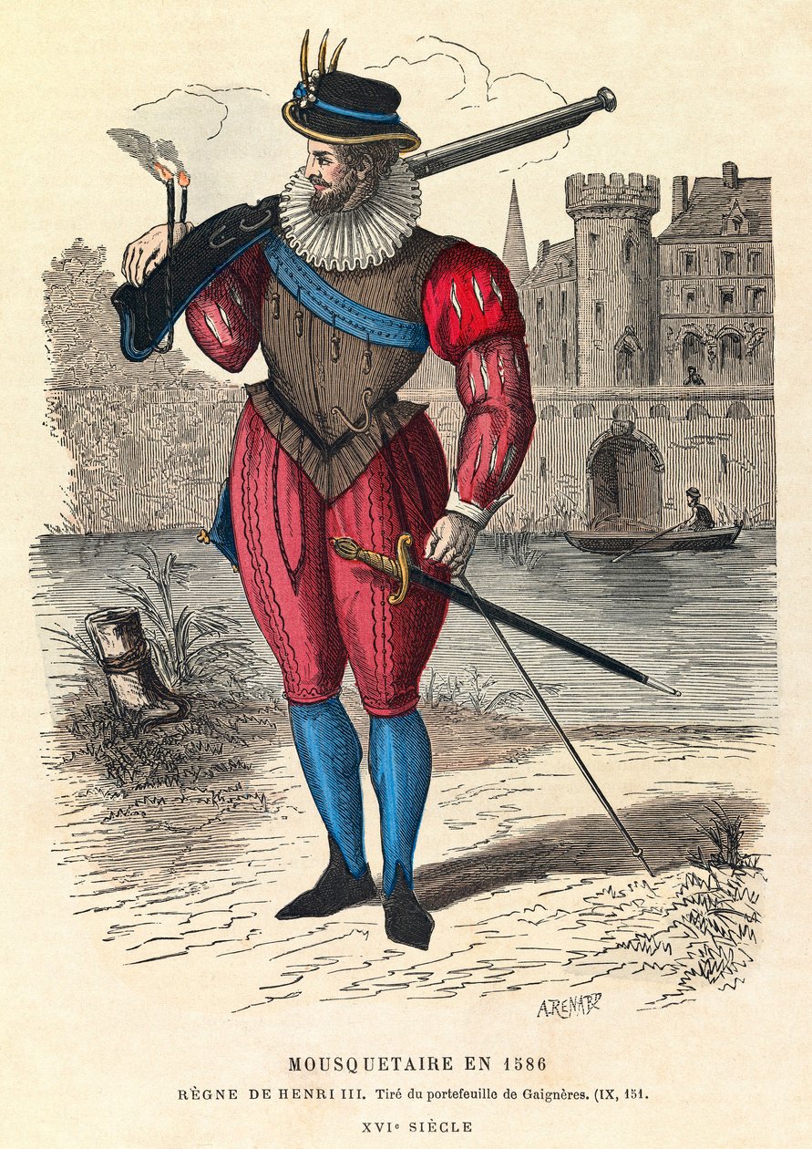 1586年、パリ（ヘンリー3世治下）での銃士の肖像、エングレーヴィング、個人蔵 - Musketeer at Paris 作： 匿名匿名