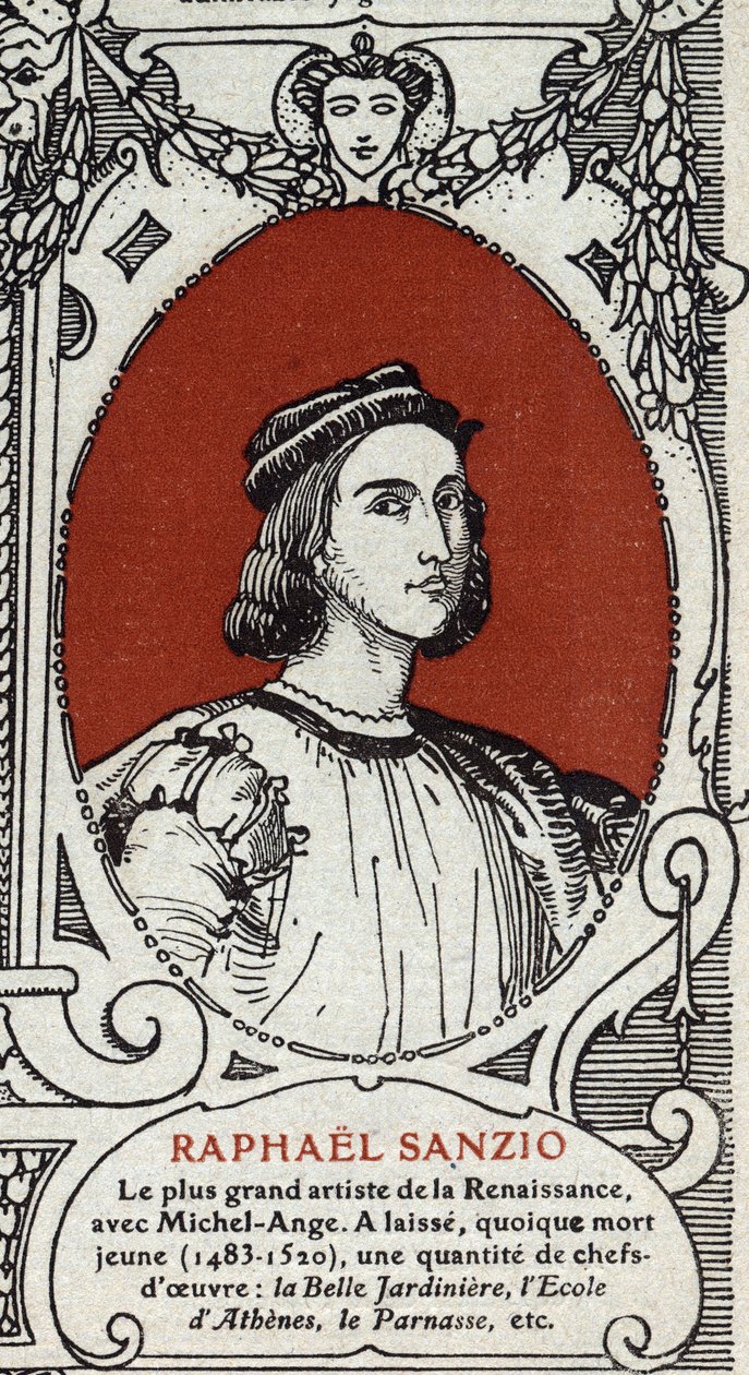 イタリア・ルネッサンス期の画家、ラファエロ（Raffaello Sanzio 1483-1520）の肖像。1914年のエングレーヴィング。個人蔵。 作： 匿名匿名