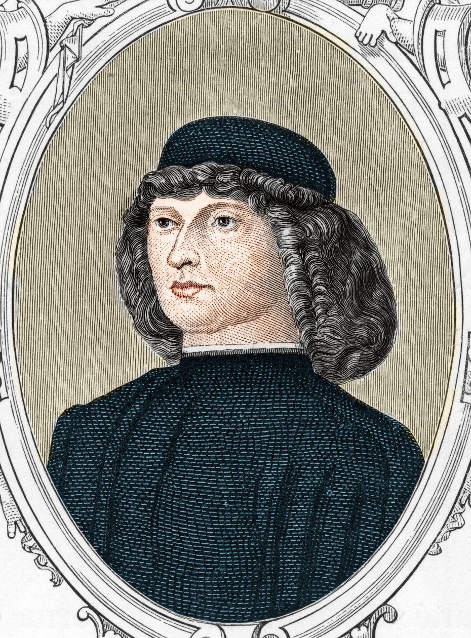 イタリアの画家ジョヴァンニ・ベリーニ（1425/1433-1516）の肖像、1859年にアルマンドーが「ヨーロッパの画廊-イタリア」に掲載した版画。個人蔵。 作： 匿名匿名