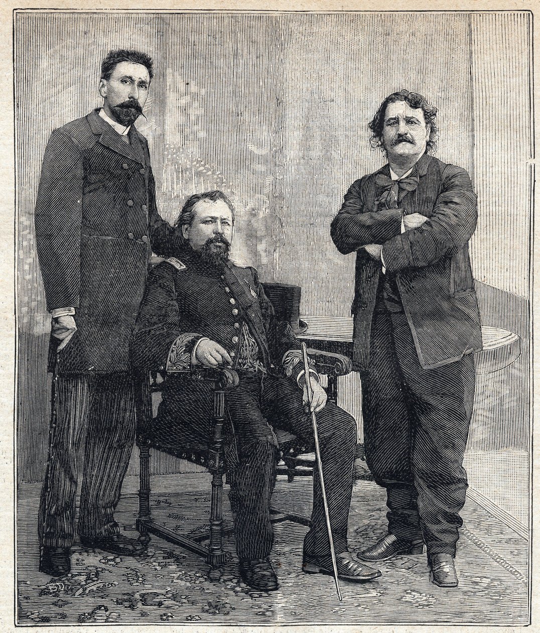3人の "アカデミデス "の肖像。マリウス・トゥルナード、アキール・ルロワ、マキシム・リスボン（1839-1905）の3人は、フランス・アカデミーを嘲笑うことを目的としていた。1893年6月4日、「Le Petit Parisien」に掲載された版画。 作： 匿名匿名