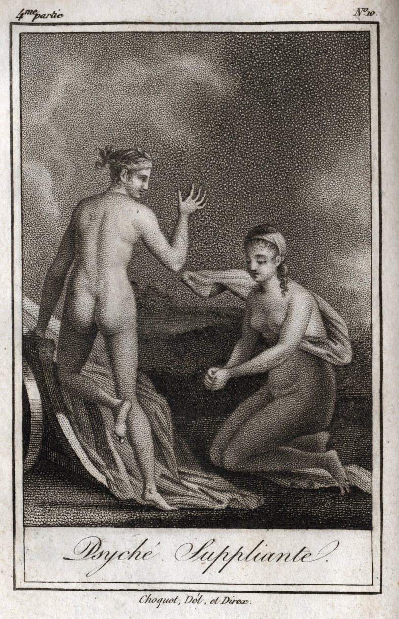 物乞いをするプシュケ。チャールズ・アルベール・ドゥムスティエ（1760-1801）の『Lettres a Emilie sur la mythologie』に掲載された1819年のエングレーヴィング。個人蔵。 作： 匿名匿名