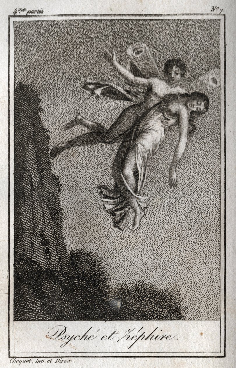 ゼファーに連れ去られるプシュケ。Charles Albert Demoustier (1760-1801)の「Lettres a Emilie sur la mythologie」に掲載された1819年の版画。個人蔵。 作： 匿名匿名