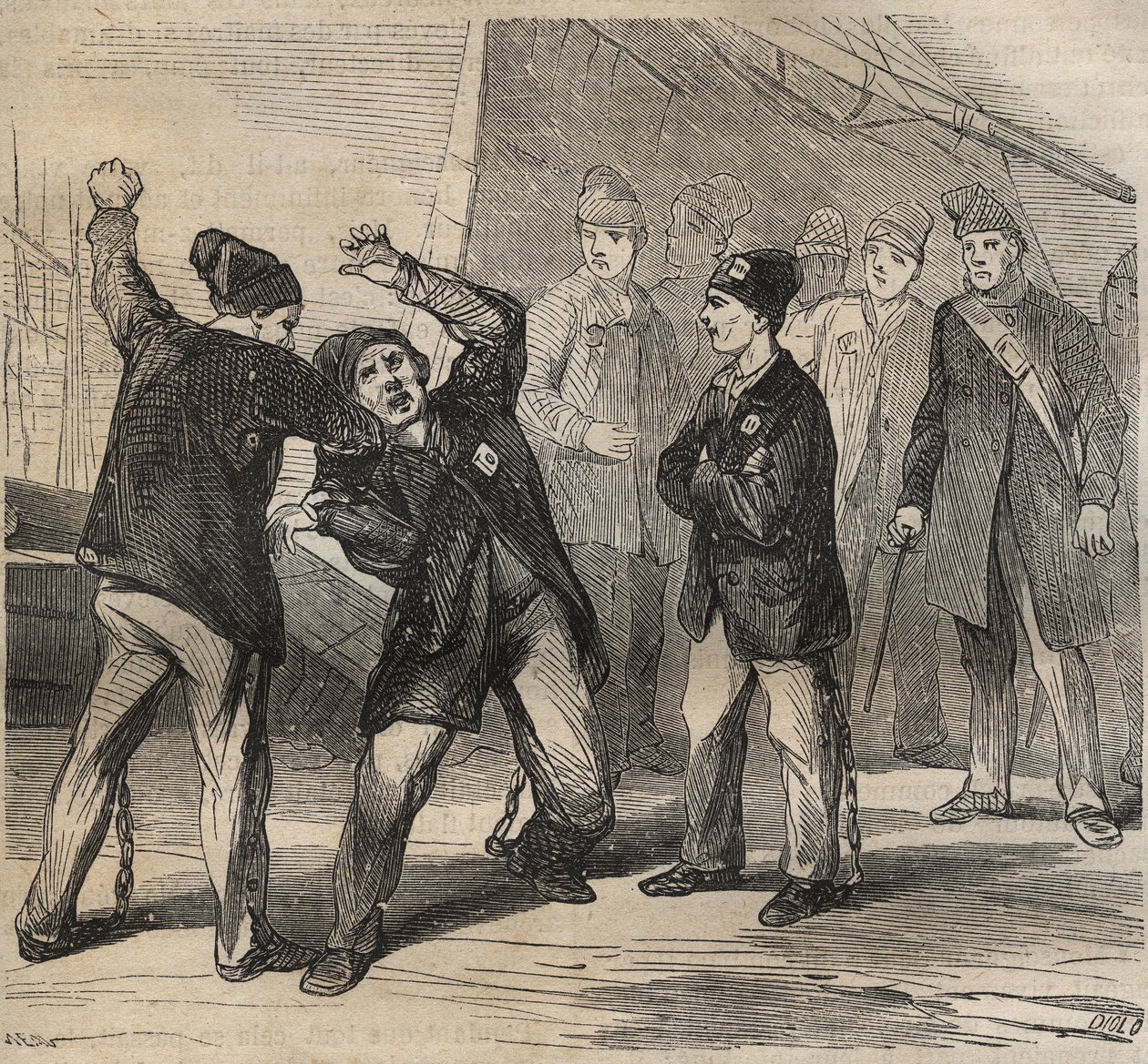 19世紀のトゥーロン・バグネでのプギラートのシーン。Pierre Zaccone (1817-1895) (Colonia Penale - Penal colony)による「Histoire des bagnes depuis leur création à nos jours」(1877)に掲載されたエングレーヴィング。個人蔵。 作： 匿名匿名