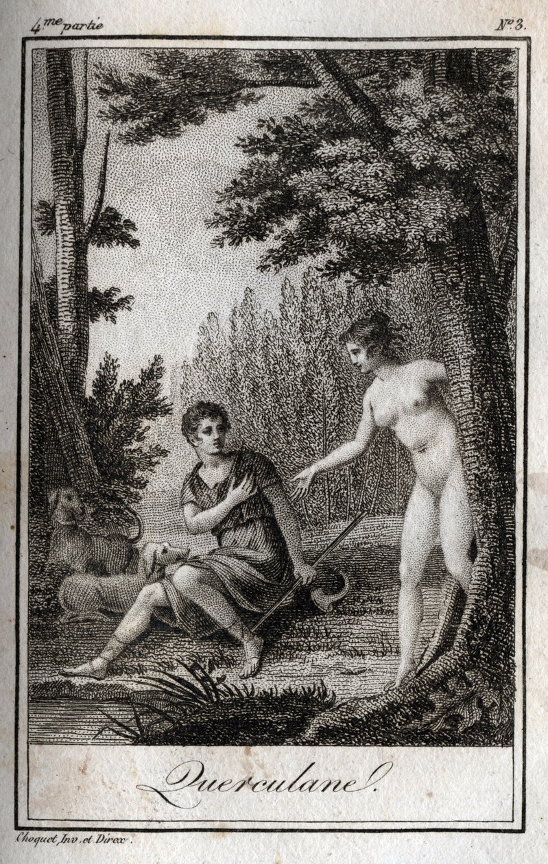 QUERCULANES、ニンフ、水路の守護者。Charles Albert Demoustier（1760-1801）の「Lettres a Emilie sur la mythologie」に掲載された1819年のエングレーヴィング。個人蔵。 作： 匿名匿名