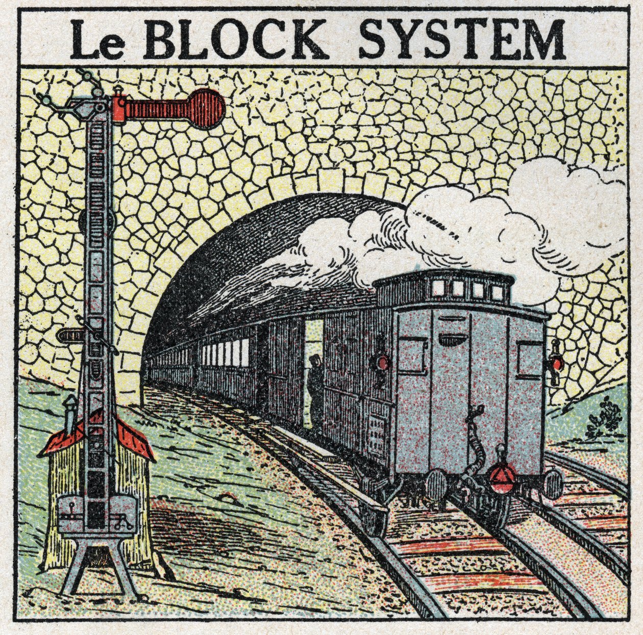 鉄道：大都市周辺では衝突を避けるためにブロックシステムが使われている。1925年の匿名のイラスト。個人蔵。 作： 匿名匿名