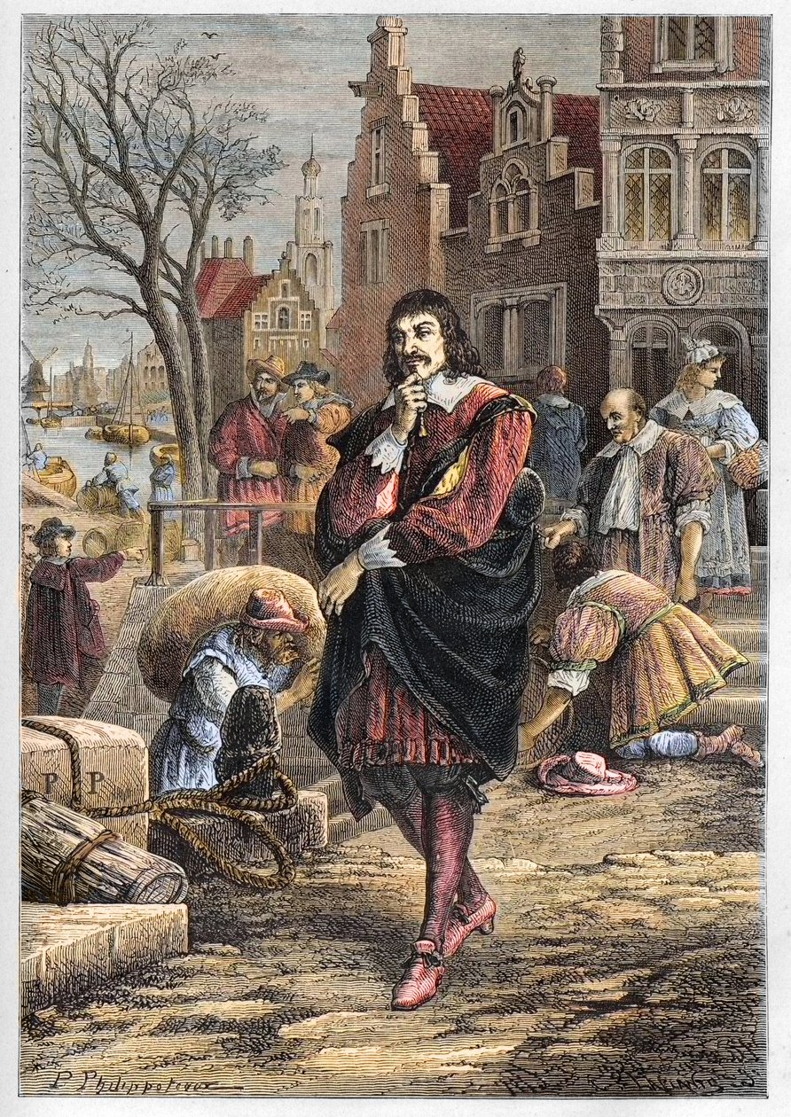 アムステルダムの街を歩くルネ・デカルト（1596-1650） - Descartes in Amsterdam - engraving from L