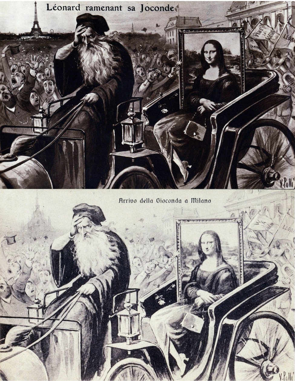 レオナルド・デ・ヴィンチ（レオナルド・ダ・ヴィンチ）（1452-1519）が、1911年8月21日に起こったヴィンチェンツォ・ペルッジア（1881-1925）による作品の盗難の後、作品「モナリザ」（Mona Lisa, Monna Lisa）を持ち帰る様子を表現したもの。お笑いポストカード 作： 匿名匿名