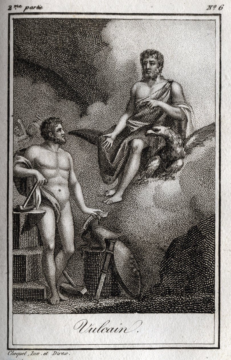 火と鍛冶屋と火山の神、ヴァルカンの表現。(火と火山の神、ヴァルカン)Charles Albert Demoustier (1760-1801)の "Lettres a Emilie sur la mythologie "の中の1819年のエングレーヴィング。個人蔵。 作： 匿名匿名