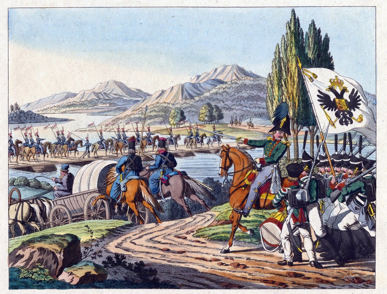 1828年5月、プルース川を渡ってモルダヴィアに入るロシア軍 - 匿名 - 1829 - エッチング、水彩画 - 37,9x24,4 - 個人蔵 作： 匿名匿名