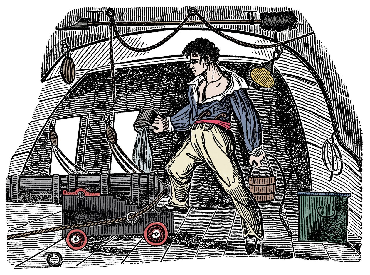 サボタージュ。水兵が火薬に水をかける様子 チャールズ・エルム「The Pirates Own Book」からの版画 作： 匿名匿名
