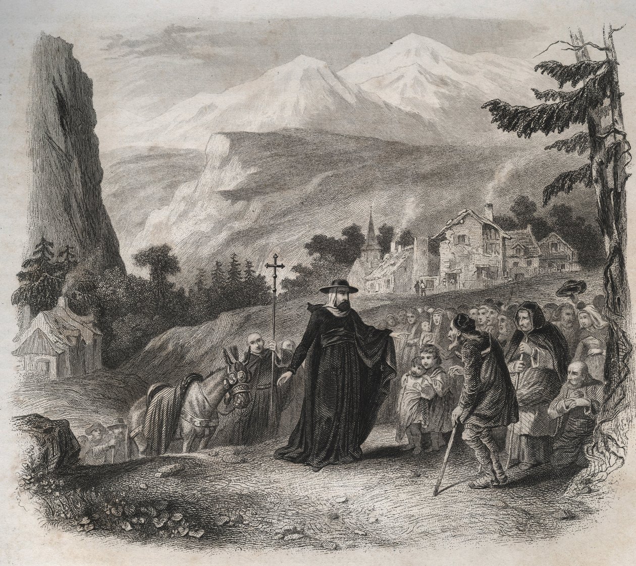 聖フランソワ・ド・サレス(Saint Francois de Sales) (1567-1622)、司牧訪問中のジュネーヴの前夜祭。1846年の「Lives of the saints」に掲載されたエングレーヴィング。個人蔵。 作： 匿名匿名