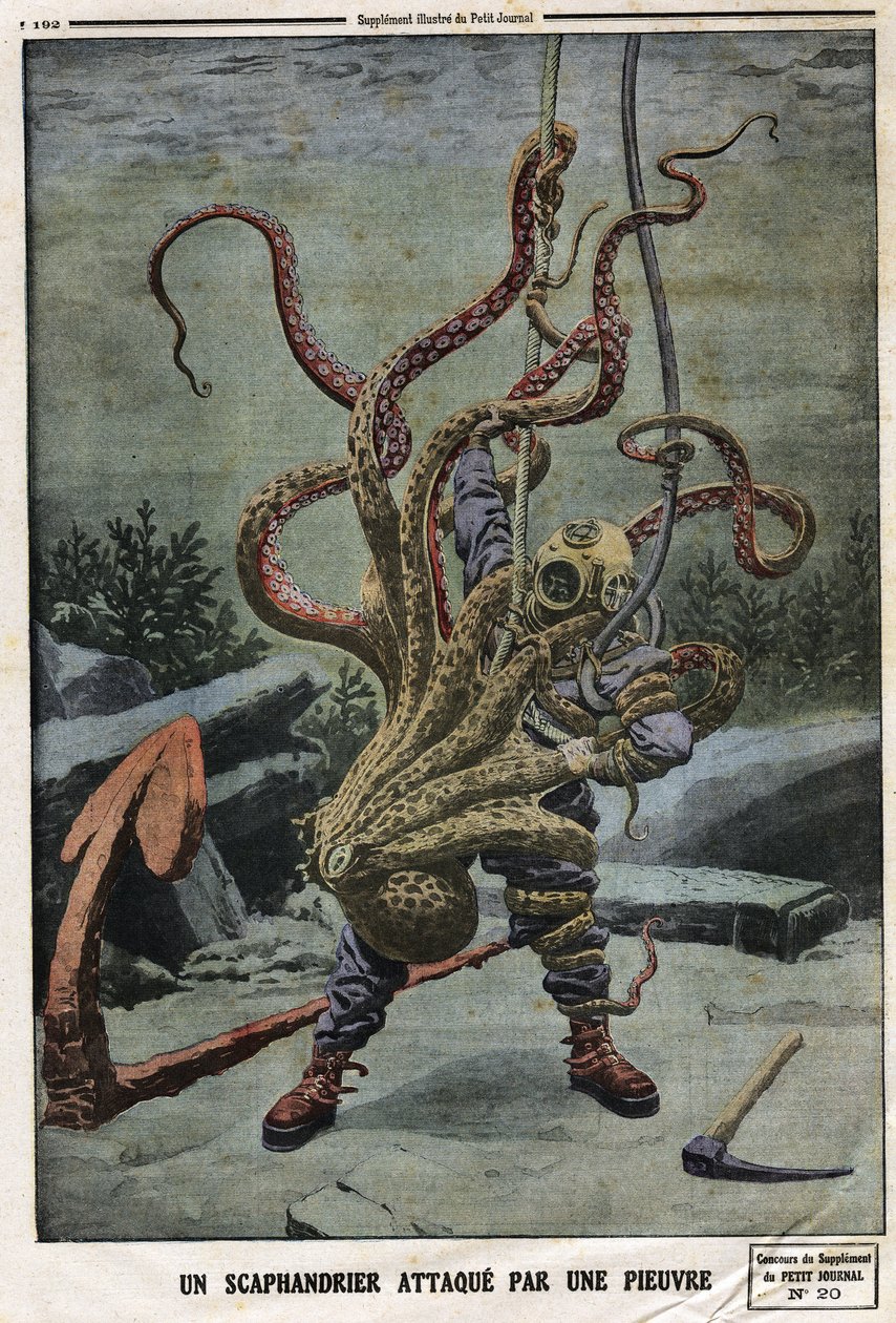 タコに襲われるスカウトマン。1912年6月16日、「Le petit Journal」誌に掲載された版画。個人蔵。 作： 匿名匿名