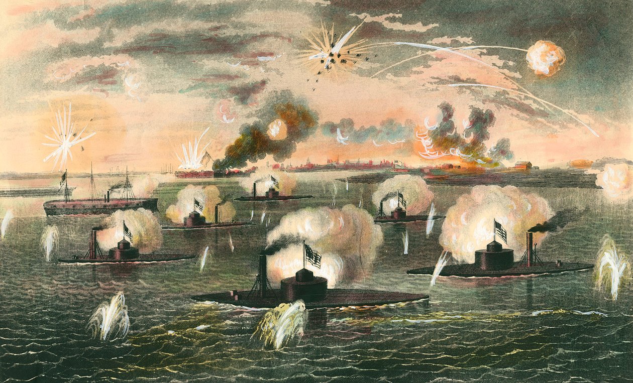 分離独立戦争（1861年～1865年）。"Attack of floating batteries battleships during the Secession War" 1865年頃のエングレーヴィング。個人蔵 作： 匿名匿名