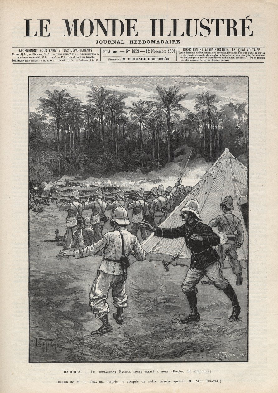 第二次ダホメー戦争（1892-1894）：1892年9月19日、Dahomey（現ベナン）のBattle of Dogbaでフランス人指揮官Fauraxが死亡。某新聞。1892年の "Le monde illustree "に掲載されたエングレーヴィング。個人蔵。 作： 匿名匿名