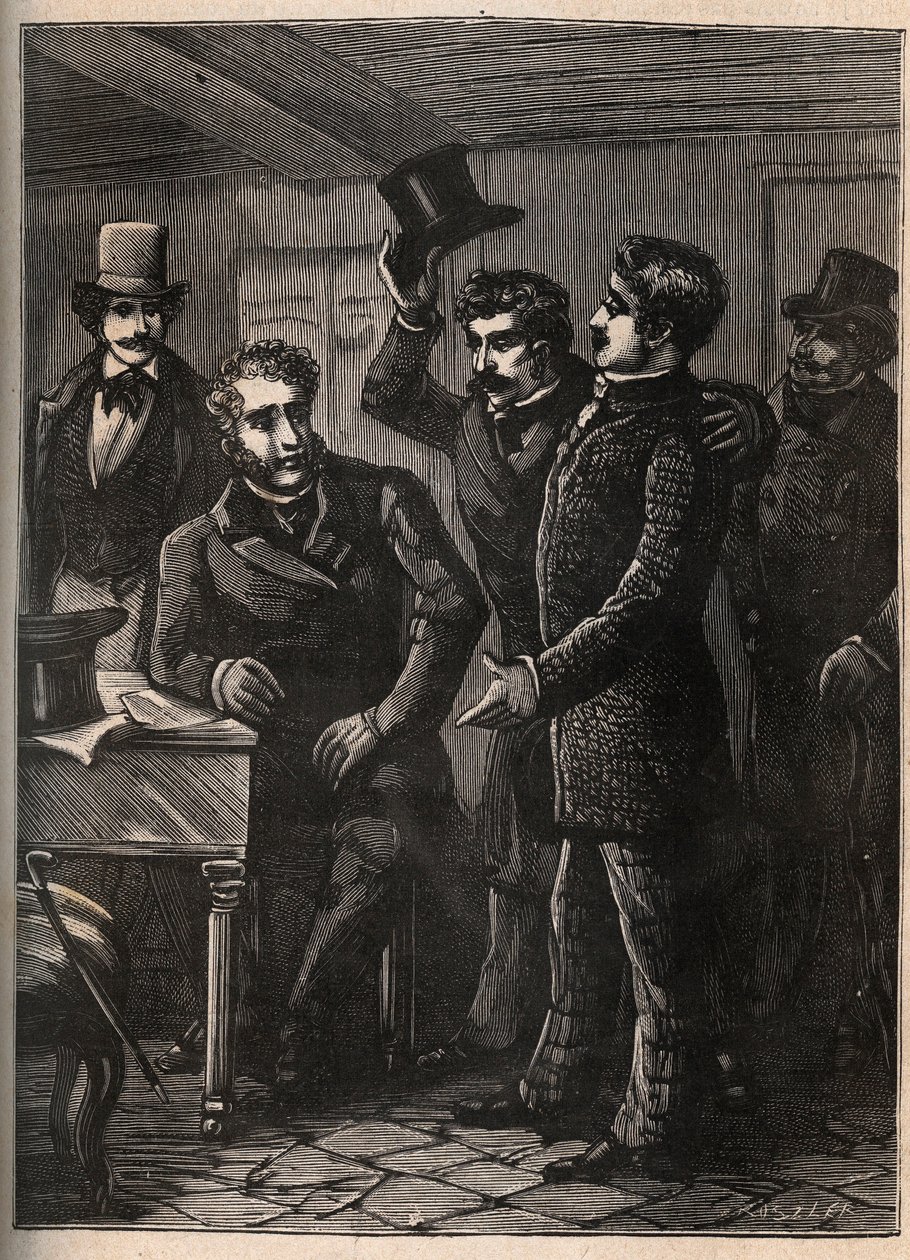Eugene-Francois (Eugene Francois) Vidocqに逮捕されるCharles Goubin (1798-1822)軍曹 - Jules Beaujointによる「The four sergeants of La Rochelle grand rectorique et dramatique」に掲載された彫刻 - 1900年頃 作： 匿名匿名
