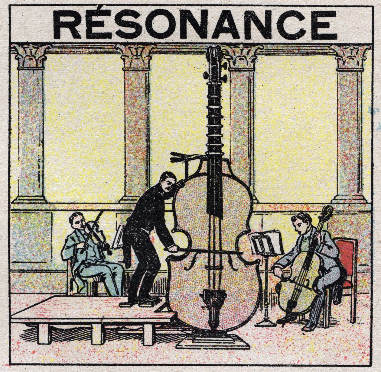 音のエネルギー：楽器の成立に使われる共鳴。1925年の匿名のイラスト。個人蔵。 作： 匿名匿名