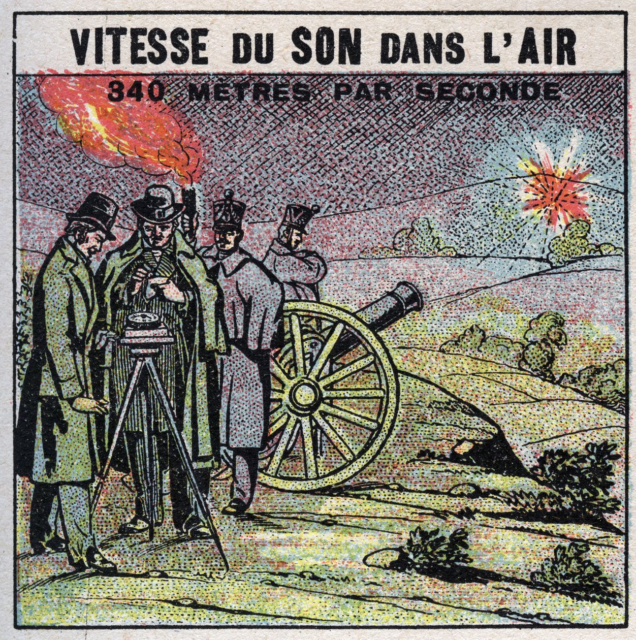 音響エネルギー：空気中の音速。ルイ・ジョセフ・ゲイ・リュサック(Louis-Joseph Gay Lussac)(1778-1850)とフランソワ・アラゴ(Francois Arago)(1786-1853)がモンルヘリーとヴィルジュイフの間で大砲を連射した1822年の体験談。1925年の匿名イラスト 作： 匿名匿名