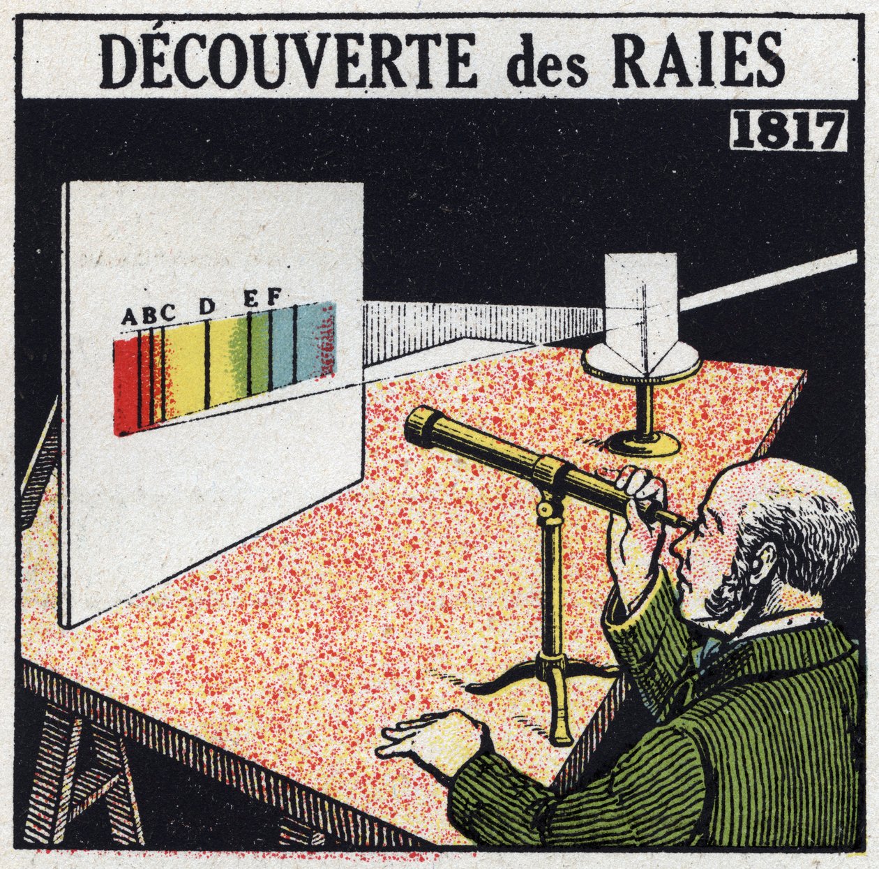 スペクトル分析：1817年、Joseph von Fraunhofer（1787-1826）による光線の発見。1925年の匿名のイラスト。個人蔵。 作： 匿名匿名