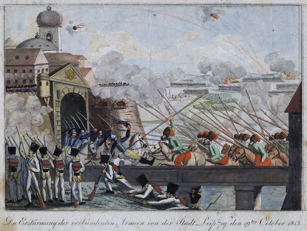 連合軍によるライプツィヒ市街の嵐 - bataille de Leipzig ou bataille des nations (16-19 sctobre 1813) - Anonymous - 1813 - Etching, watercolour - 33,3x27 - Private Collection 作： 匿名匿名