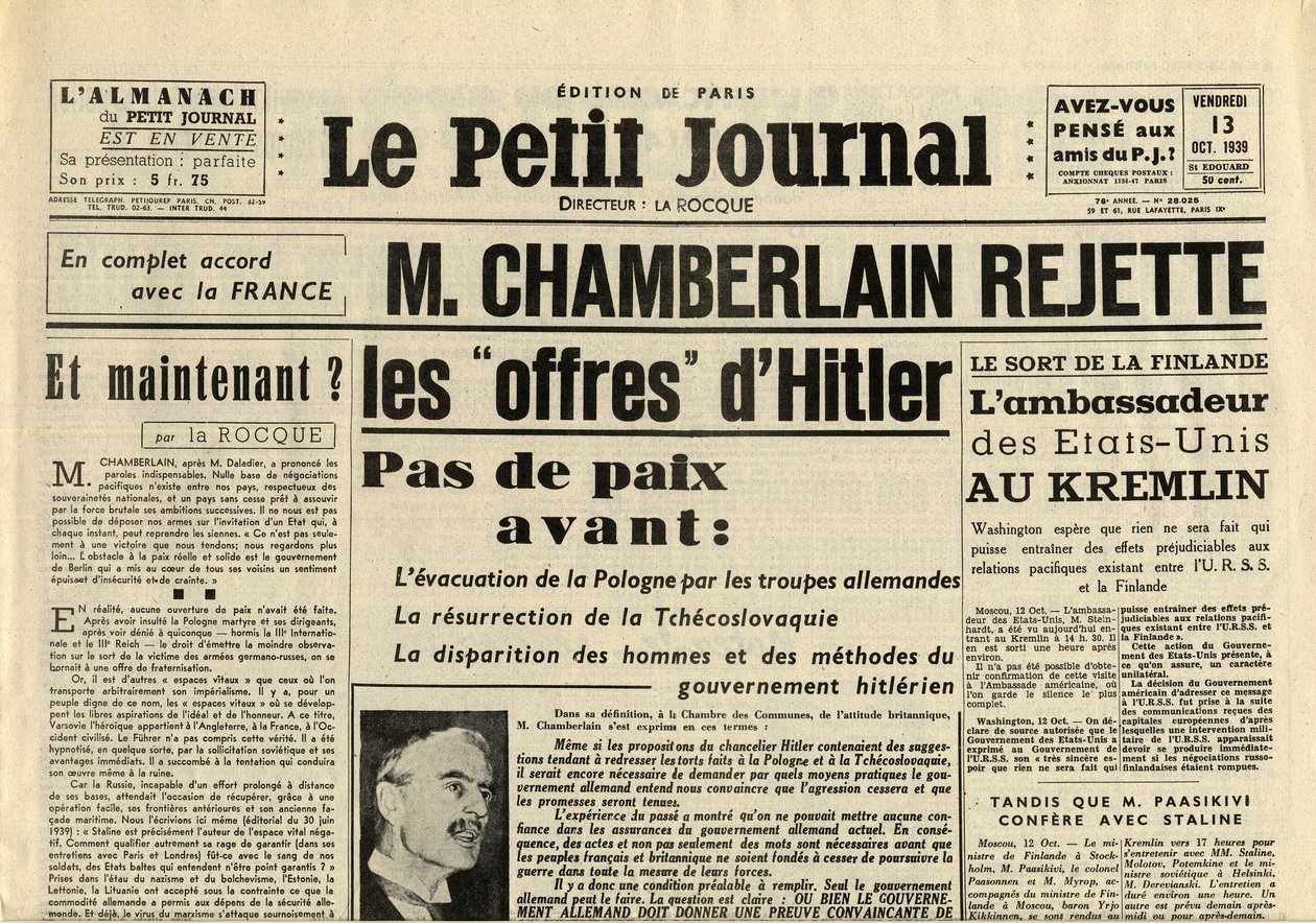 THE SMITTLE JOURNAL FRIDAY 13 OCTOBER 1939 Neville CHAMBERLAIN (1869-1940) アドルフ・ヒトラーの申し出を拒否する。 作： 匿名匿名