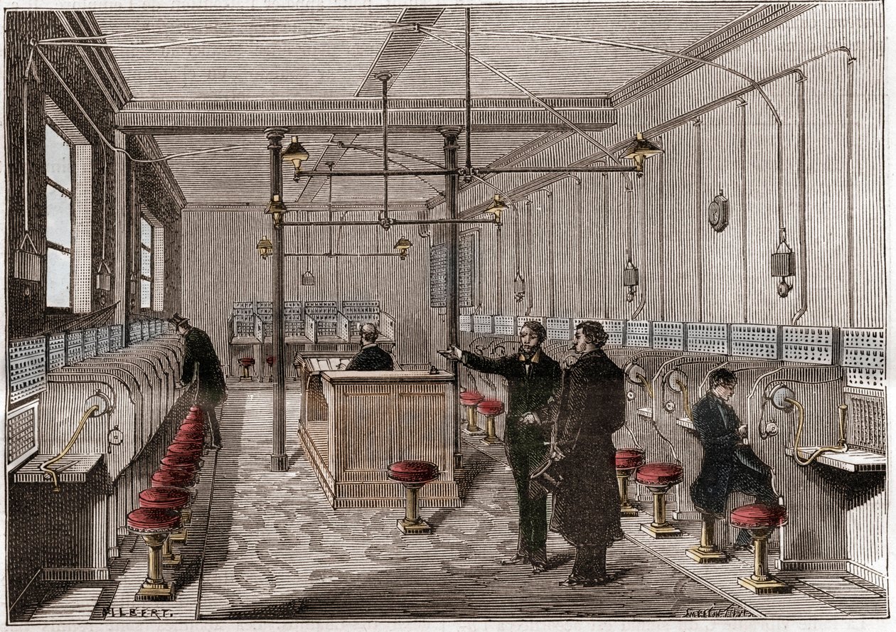 1879年にパリで最初の中央電話が設置された。アメリカ人のフレデリック・ガワーが開発したもので、1880年の「La nature」誌に掲載された。 作： 匿名匿名