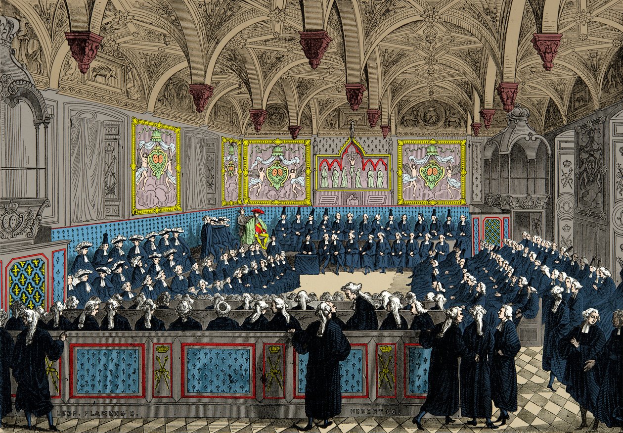 1787年、国王ルイ16世臨席の下での国会議事堂、エングレーヴィング、個人蔵 作： 匿名匿名