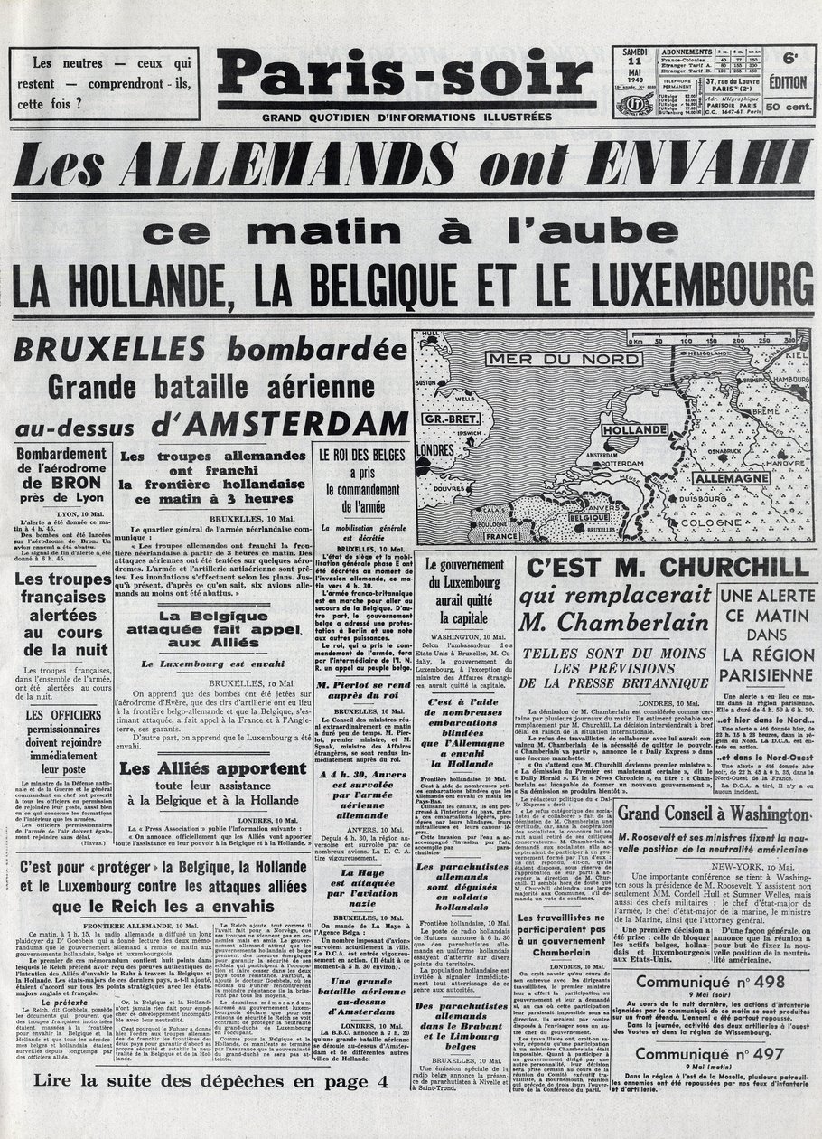 The Battle of Belgium or Belgian Campaign - 18-day Campaign - 第二次世界大戦中のドイツ軍によるベルギー侵攻 - PARIS EVIOR of 11-05-1940 - GERMANS INVASED HOLLAND, BELGIUM AND LUXEMBOURG - ベルギーの戦い。 作： 匿名匿名