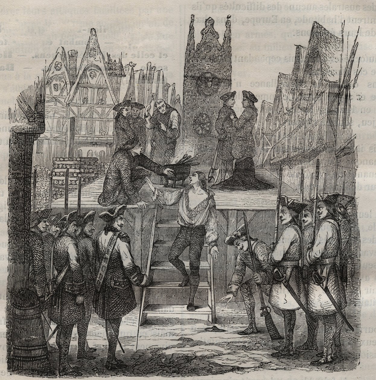 1766年、足場に上がるシュヴァリエ・フランソワ＝ジャン・ルフェーブル・ド・ラ・バレ（Francois Jean Lefebvre de LaBarre）。ピエール・ザッコーネ（1817-1895）の「Histoire des bagnes depuis leur création à nos jours」（1877年）に掲載されている版画（コロニア・ペナーレ-流刑地 作： 匿名匿名