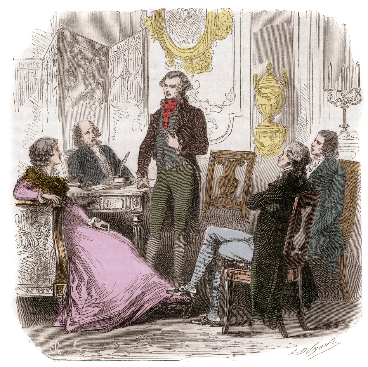 マダム・ローランの家でのジロンダンたち - Reunion des Girondins chez Madame Roland (Manon (Jeanne Marie) Roland Philipon) (1754-1793) - アルフォンス・ド・ラマルティーヌ(1790-1869)による「ジロンダンの歴史」のエングレーヴィング 1865-1866 - 個人蔵 作： 匿名匿名