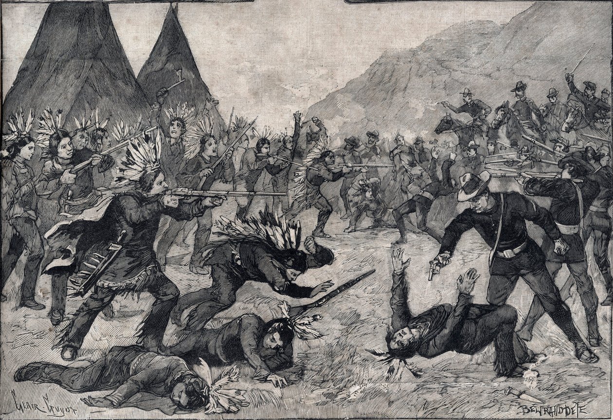 アメリカで起きたインディアンの反乱：スー族インディアンとアメリカ軍の戦い。1891年の "Le petit Parisien "に掲載された版画。個人蔵。 作： 匿名匿名