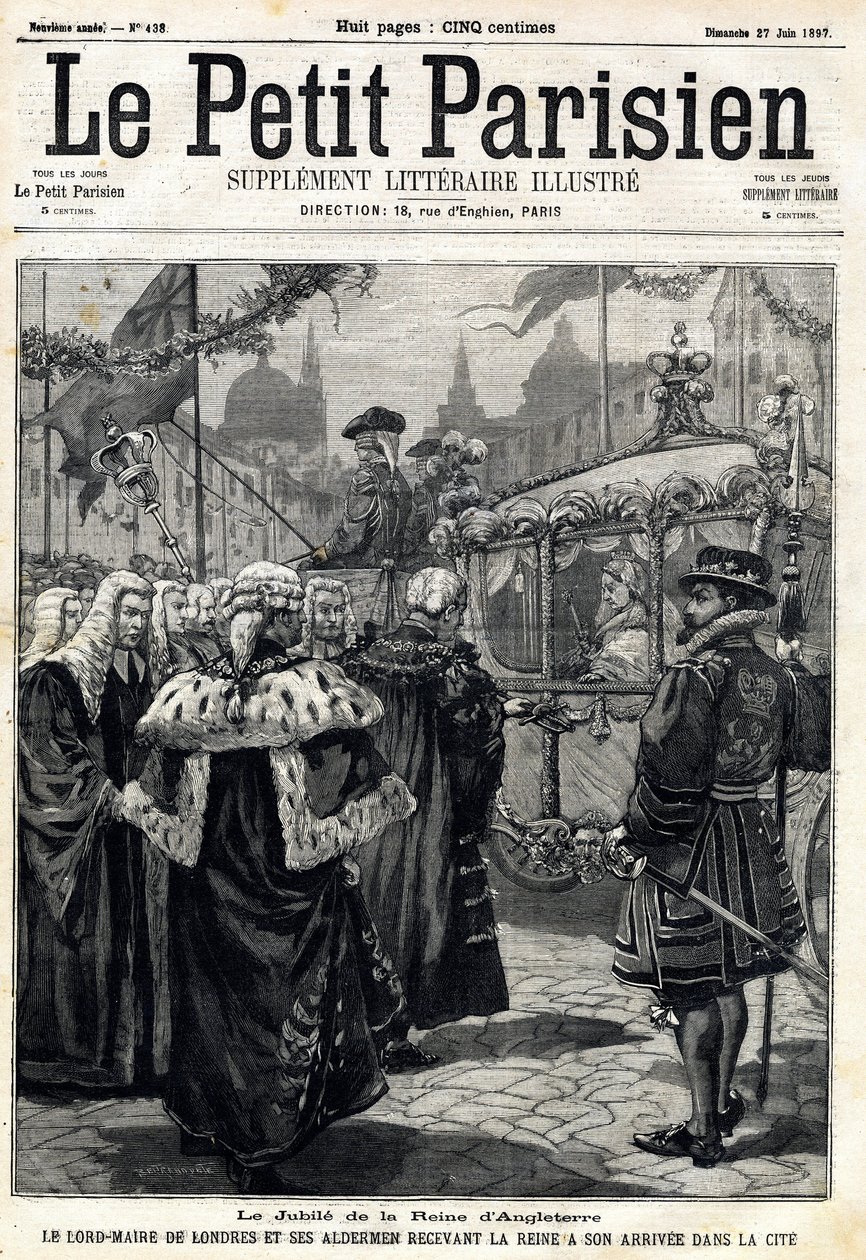 英国ヴィクトリア女王のジュビリー：女王の到着を迎えるロンドン市長ホレイショ・デイヴィス（1819-1901）と市会議員たち。1897年6月27日、「Le Petit Parisien」に掲載。プライベート・コレクション 作： 匿名匿名