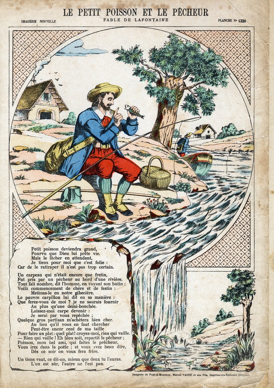 小さな魚と漁師。Jean de LA FONTAINE（ラフォンテーヌ）（1621-1695）の「Les Fables」の匿名の挿絵。1880年頃、ポン・ア・ムソンの画像。個人蔵。 作： 匿名匿名