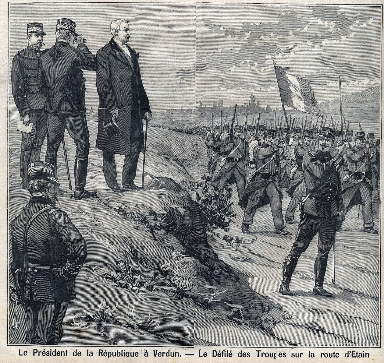 共和国大統領フェリックス・フォール(1841-1899)がヴェルダン(ムーズ)を訪問：エタンの道の軍事学校の防壁。"Le Petro Parisien "に掲載された版画 作： 匿名匿名