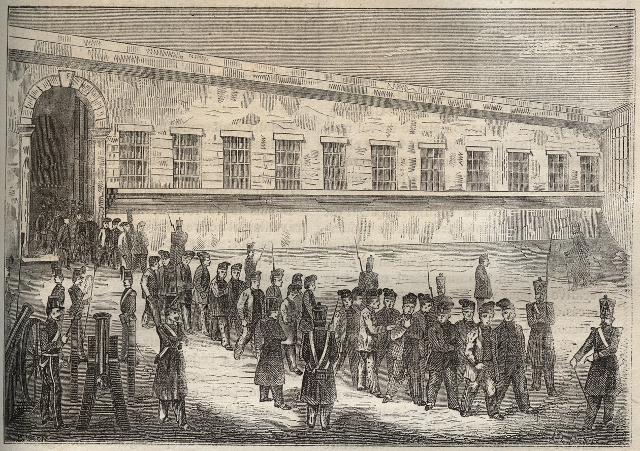 19世紀のロシュフォールのバッグン。ピエール・ザッコーネ（1817-1895）の「Histoire des bagnes depuis leur création à nos jours」（1877年）に掲載された版画（コロニア・ペナーレ＝流刑地）。個人蔵。 作： 匿名匿名