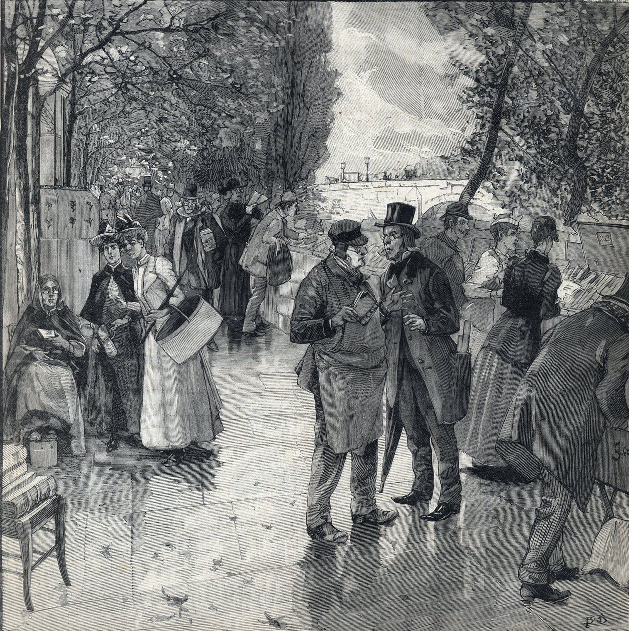 パリの波止場のほとりで、本を読むための散歩道。1892年10月30日、「Le petit parisien」に掲載された版画。個人蔵 作： 匿名匿名