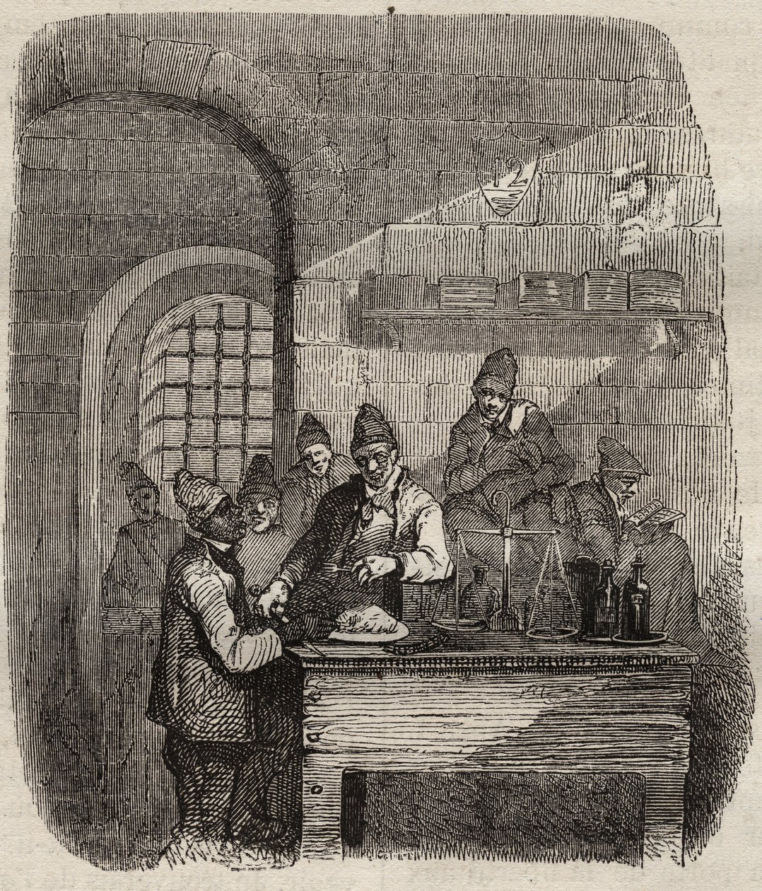 19世紀のブレストのバッグンの水筒。ピエール・ザッコーネ（1817-1895）の「Histoire des bagnes depuis leur création à nos jours」（1877年）に掲載されている版画（Colonia Penale - Penal colony）。個人蔵。 作： 匿名匿名