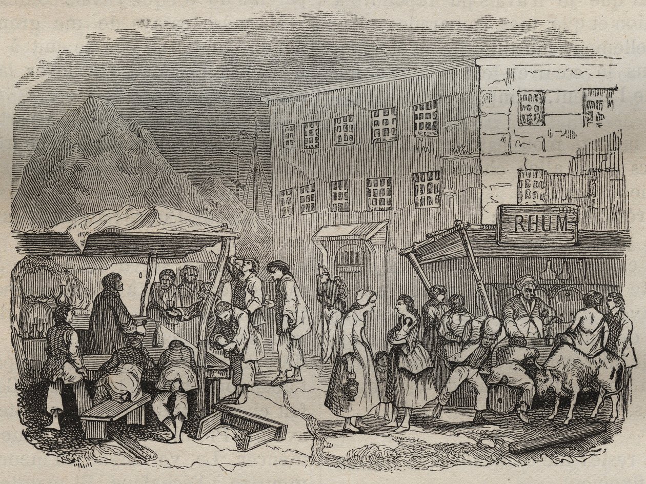 19世紀のロシュフォールのバッグンの水筒。ピエール・ザッコーネ（1817-1895）の「Histoire des bagnes depuis leur création à nos jours」（1877年）に掲載されている版画（コロニア・ペナーレ-流刑地） 個人蔵。 作： 匿名匿名