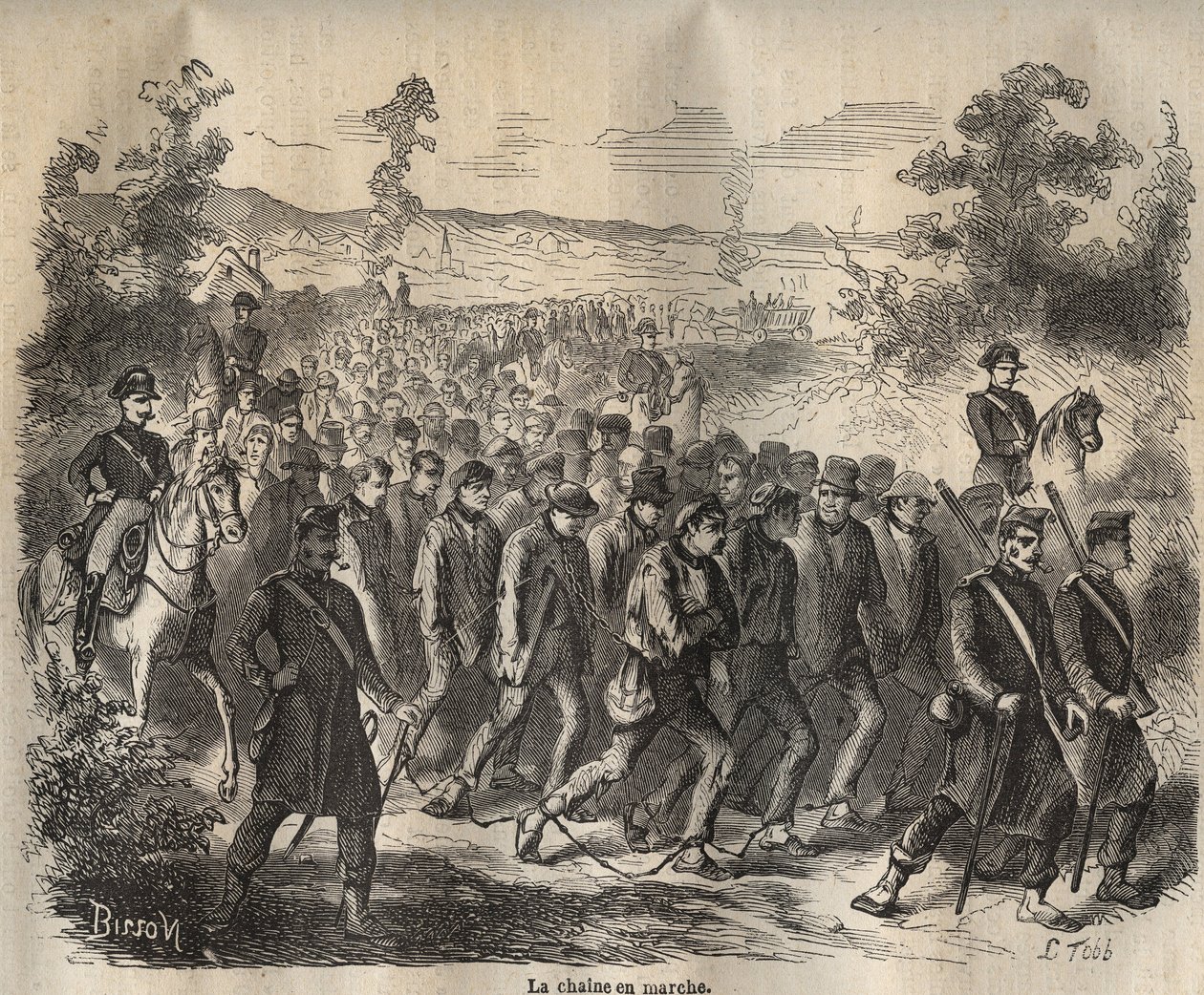 19世紀にトゥーロンのバッグンで始まったチェーン。ピエール・ザッコーネ（1817-1895）の「Histoire des bagnes depuis leur création à nos jours」（1877年）に掲載されている版画（Colonia Penale - Penal colony）。個人蔵。 作： 匿名匿名